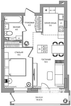 2-к квартира, вторичка, 43м2, 2/9 этаж