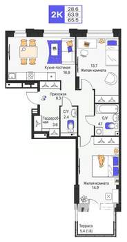 2-к квартира, строящийся дом, 66м2, 2/9 этаж