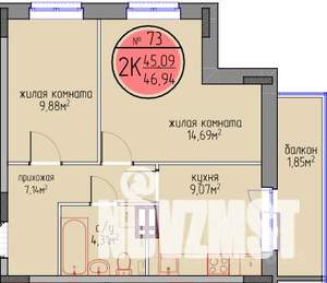 2-к квартира, вторичка, 45м2, 6/6 этаж