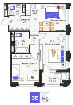 3-к квартира, строящийся дом, 59м2, 12/19 этаж