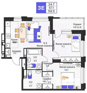 3-к квартира, строящийся дом, 60м2, 17/25 этаж