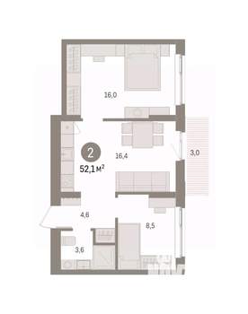 2-к квартира, вторичка, 52м2, 5/16 этаж