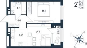 2-к квартира, строящийся дом, 41м2, 8/15 этаж