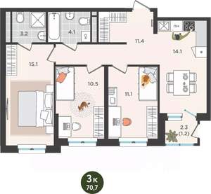 3-к квартира, вторичка, 71м2, 10/25 этаж