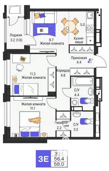 3-к квартира, вторичка, 58м2, 13/25 этаж