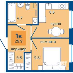 1-к квартира, строящийся дом, 30м2, 1/10 этаж