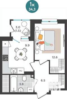 1-к квартира, вторичка, 34м2, 3/25 этаж