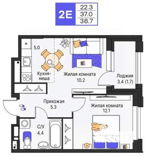 2-к квартира, строящийся дом, 39м2, 3/16 этаж