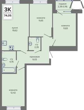 3-к квартира, вторичка, 74м2, 1/14 этаж