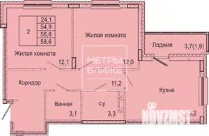2-к квартира, сданный дом, 55м2, 8/9 этаж