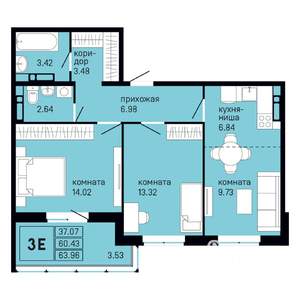 3-к квартира, вторичка, 64м2, 13/16 этаж