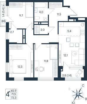 4-к квартира, строящийся дом, 73м2, 3/15 этаж