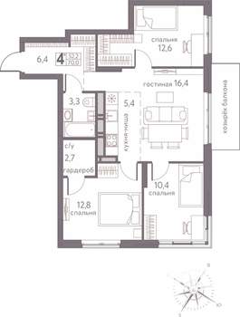 4-к квартира, строящийся дом, 70м2, 16/20 этаж