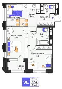 3-к квартира, строящийся дом, 59м2, 3/19 этаж