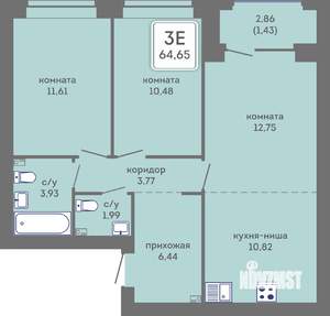 3-к квартира, вторичка, 65м2, 6/7 этаж