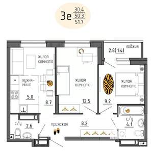 3-к квартира, строящийся дом, 52м2, 25/25 этаж