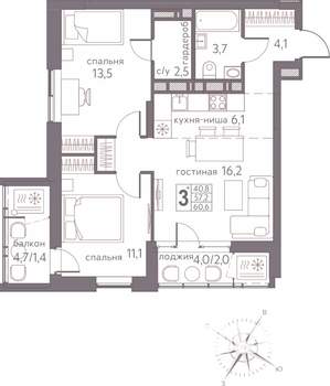 Студия квартира, строящийся дом, 61м2, 12/20 этаж