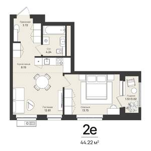 2-к квартира, строящийся дом, 44м2, 3/16 этаж