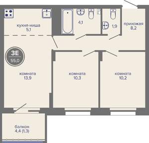 3-к квартира, вторичка, 55м2, 13/26 этаж