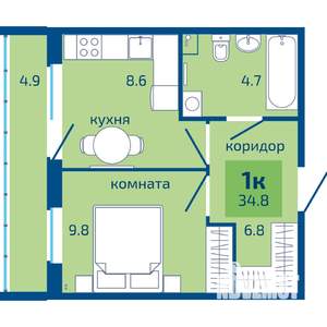 1-к квартира, строящийся дом, 35м2, 1/10 этаж