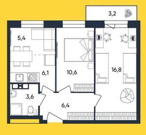 3-к квартира, строящийся дом, 56м2, 1/9 этаж