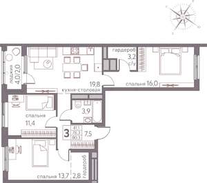 3-к квартира, вторичка, 80м2, 11/20 этаж