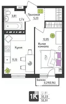1-к квартира, вторичка, 33м2, 2/4 этаж