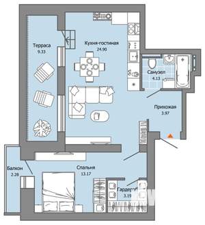 1-к квартира, вторичка, 53м2, 9/9 этаж