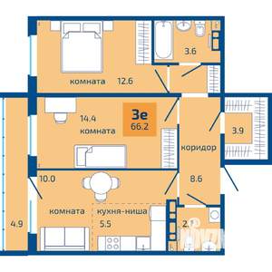 3-к квартира, строящийся дом, 66м2, 10/10 этаж