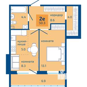 2-к квартира, строящийся дом, 50м2, 1/10 этаж
