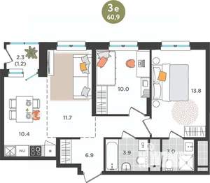 3-к квартира, вторичка, 61м2, 21/25 этаж