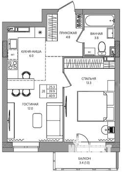 2-к квартира, вторичка, 41м2, 9/10 этаж