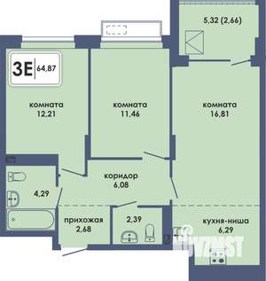 3-к квартира, вторичка, 65м2, 9/10 этаж