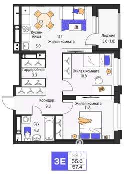 3-к квартира, строящийся дом, 57м2, 22/25 этаж