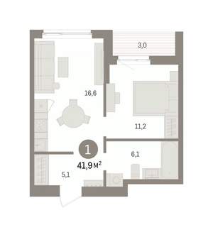 1-к квартира, вторичка, 42м2, 9/16 этаж