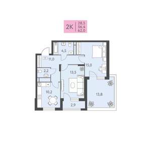 2-к квартира, вторичка, 62м2, 2/22 этаж