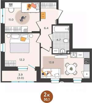 2-к квартира, вторичка, 50м2, 2/25 этаж