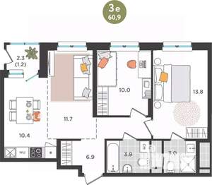 3-к квартира, вторичка, 61м2, 18/25 этаж