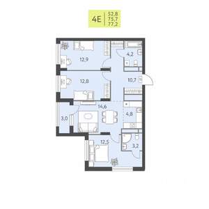 4-к квартира, строящийся дом, 77м2, 19/22 этаж