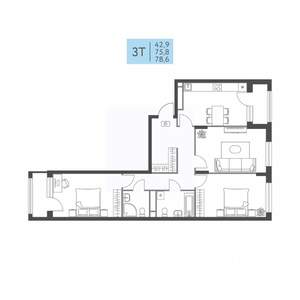 3-к квартира, вторичка, 79м2, 3/22 этаж