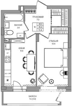 1-к квартира, вторичка, 38м2, 2/9 этаж