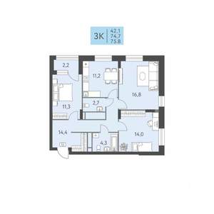 3-к квартира, вторичка, 76м2, 11/22 этаж