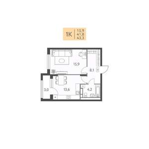 1-к квартира, вторичка, 43м2, 2/22 этаж