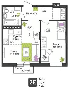 2-к квартира, вторичка, 41м2, 1/4 этаж