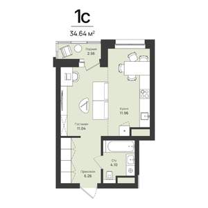 1-к квартира, строящийся дом, 35м2, 13/16 этаж