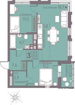 3-к квартира, строящийся дом, 64м2, 20/22 этаж
