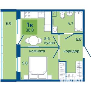 1-к квартира, сданный дом, 37м2, 1/10 этаж