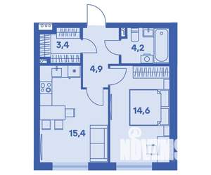 2-к квартира, строящийся дом, 43м2, 1/9 этаж