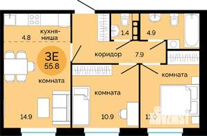 3-к квартира, вторичка, 56м2, 4/7 этаж