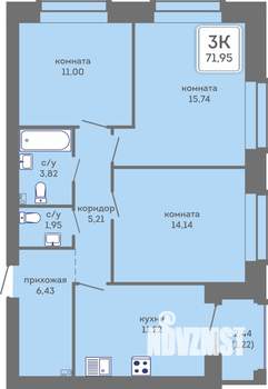 3-к квартира, вторичка, 72м2, 2/7 этаж